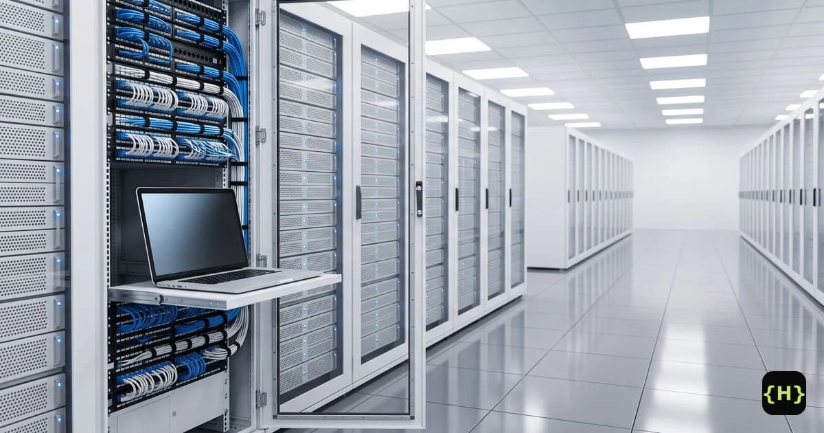 An open server rack with a laptop on a pull-out shelf in a bright cloud data center, for a Cloudways review