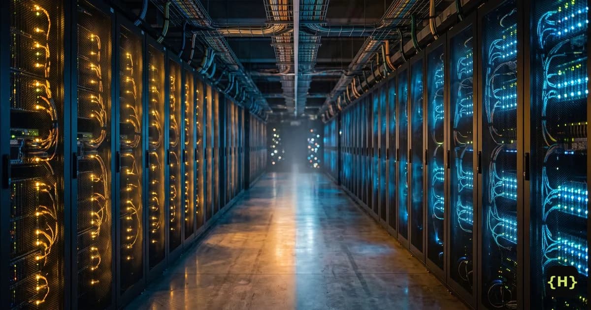A data center aisle with amber server racks on one side and blue on the other, for a Hostinger vs SiteGround comparison