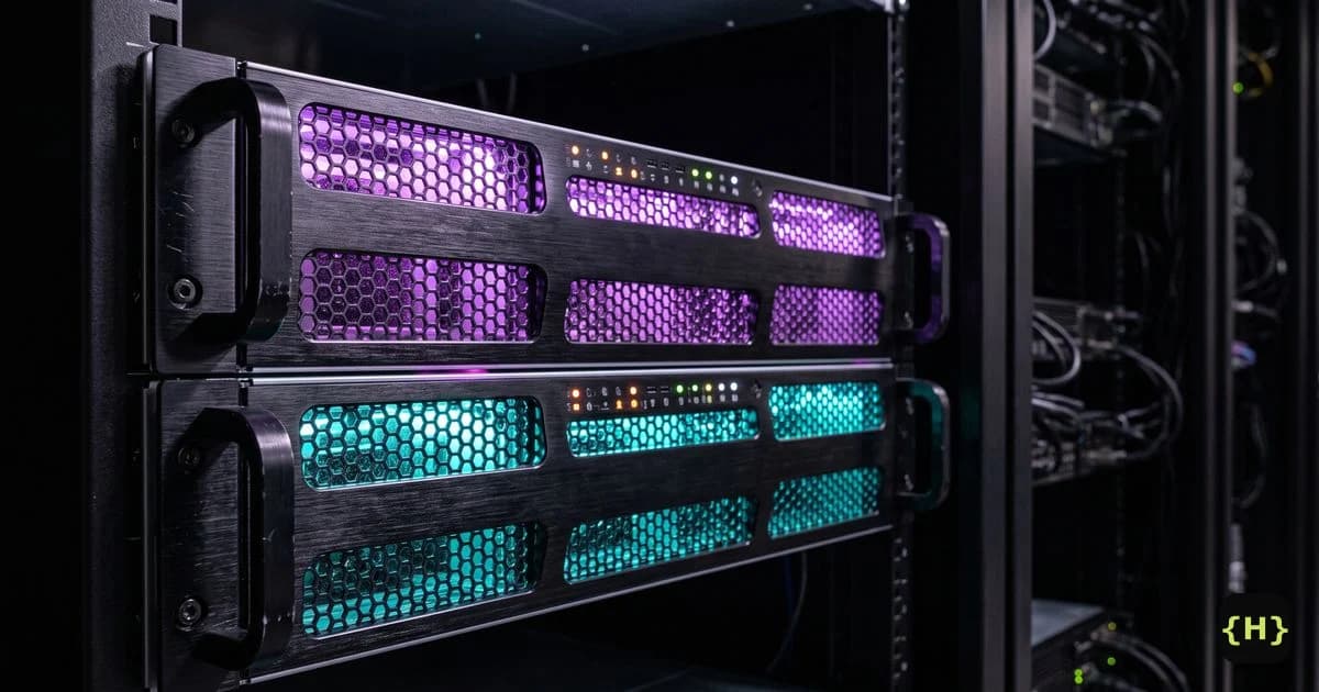 Two rack servers glowing violet and teal, for a Kinsta vs WP Engine managed WordPress hosting comparison