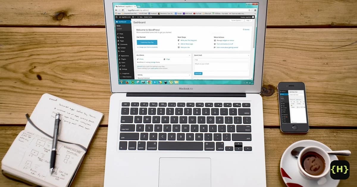 A laptop showing the WordPress dashboard beside a notebook with website wireframe sketches and a phone, representing choosing between WordPress and Wix