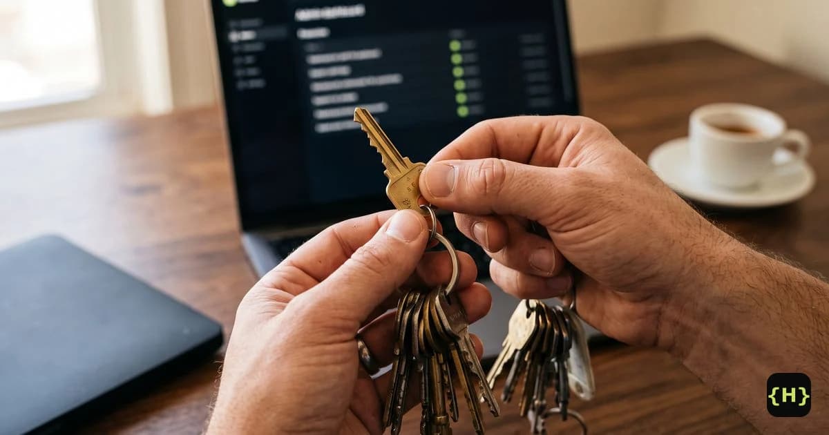 A developer removing a single brass key from a crowded keyring in front of a laptop showing a WordPress admin screen