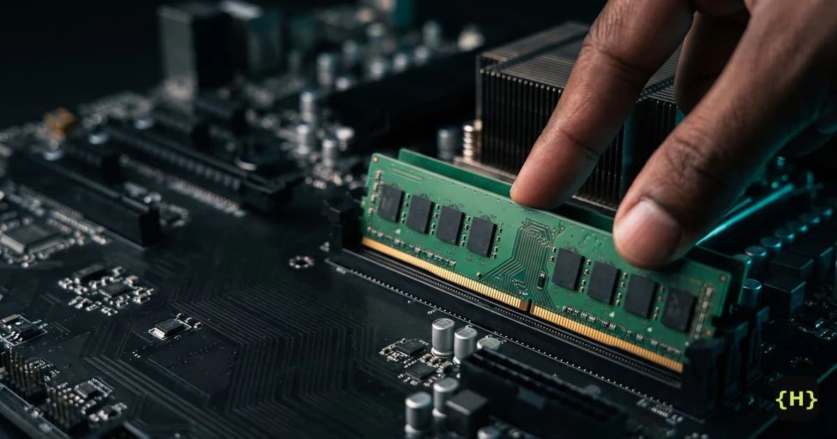 A technician pressing a memory module into a motherboard, illustrating how to increase the WordPress memory limit