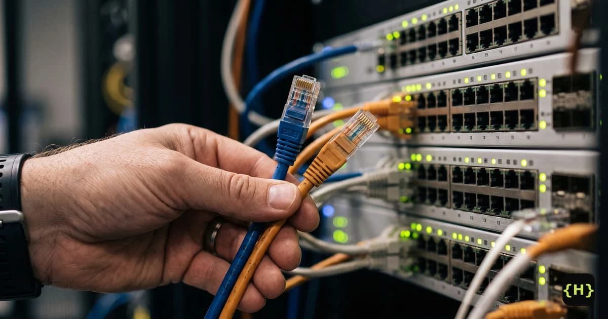 A technician holding a blue and an orange network cable in front of a server switch, for a SiteGround vs Bluehost comparison
