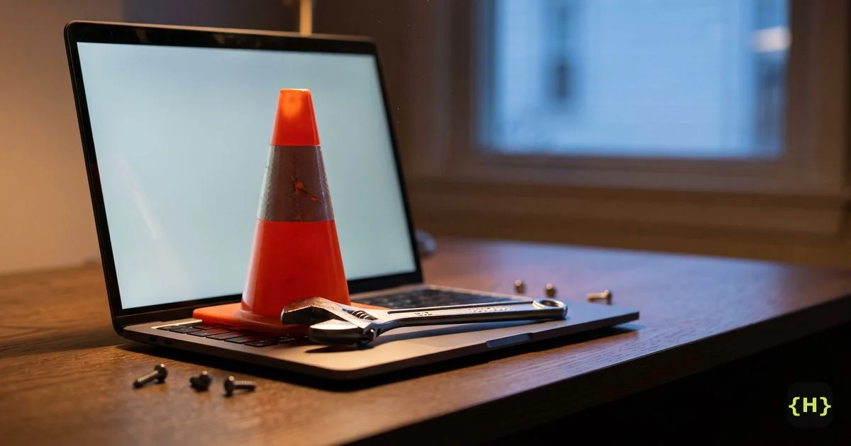 A traffic cone and wrench on a laptop with a blank screen, illustrating a WordPress site stuck in maintenance mode