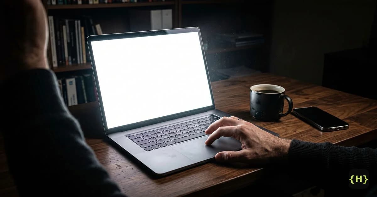 A laptop on a desk at night with a completely blank white screen, illustrating the WordPress white screen of death